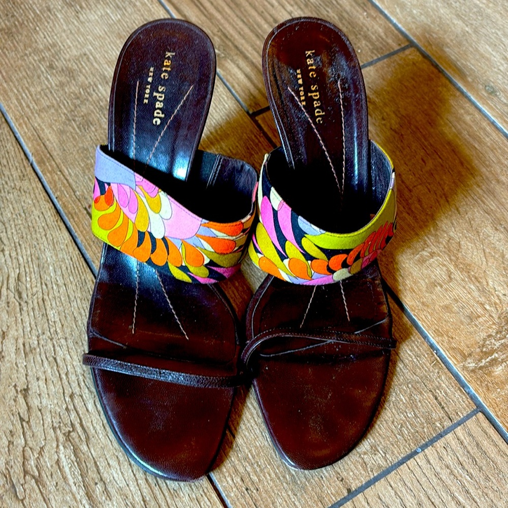 Kate Spade 2” heels. Leather small strap and multicolored fabric strap.